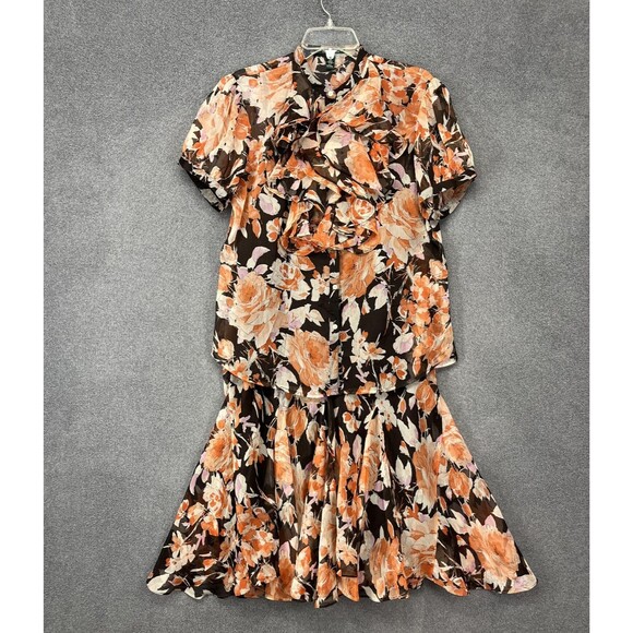 Lauren Ralph Lauren 2 Piece Set Womens 14 Brown Floral Chiffon Ruffle Skirt L - Picture 1 of 16
